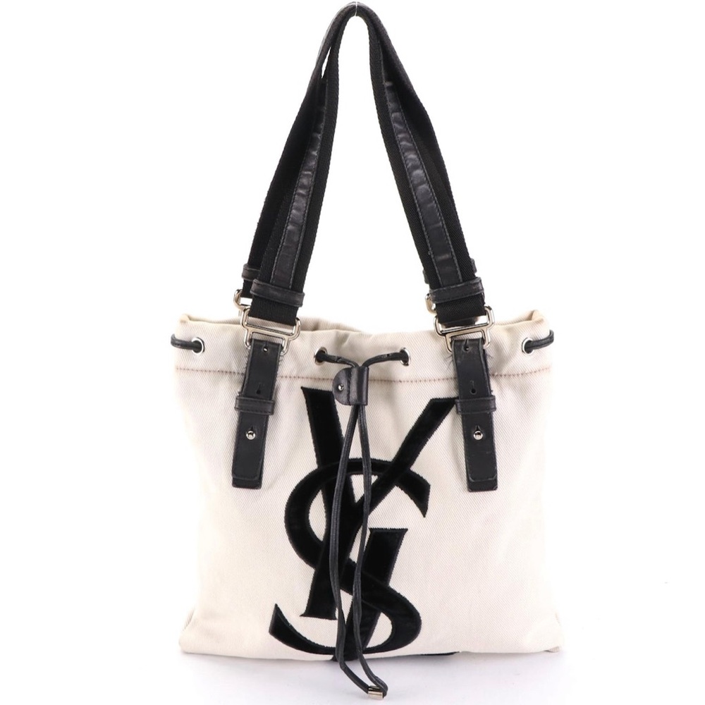 Yves Saint Laurent Kahala Tote Bag in Ivory Canvas with Velvet Embellishments